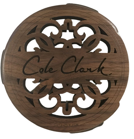 LuteHole Soundhole Cover - Cole Clark branded in Walnut for FL Guitar, LL Mini Guitar, Studio Recording & Studio Guitars